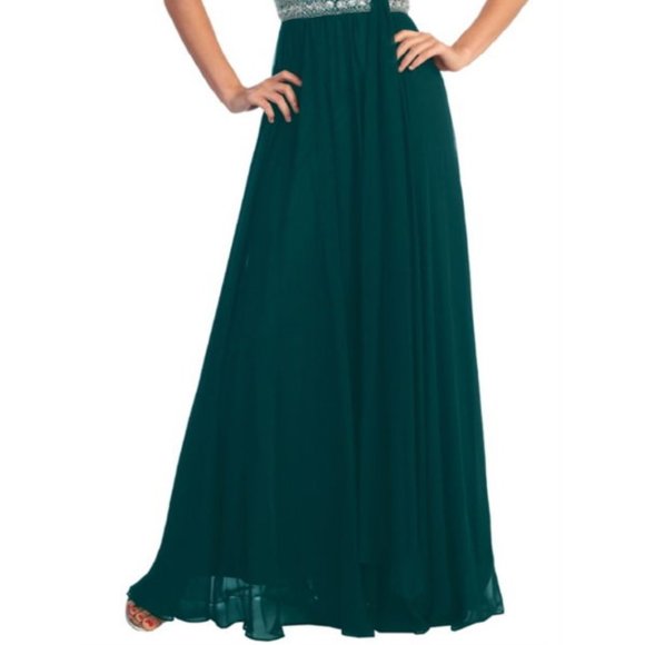NEW LONG SLEEVELESS A-LINE CHIFFON DRESS EMBROIDERED WITH RHINESTONES GL1015 - Picture 10 of 10